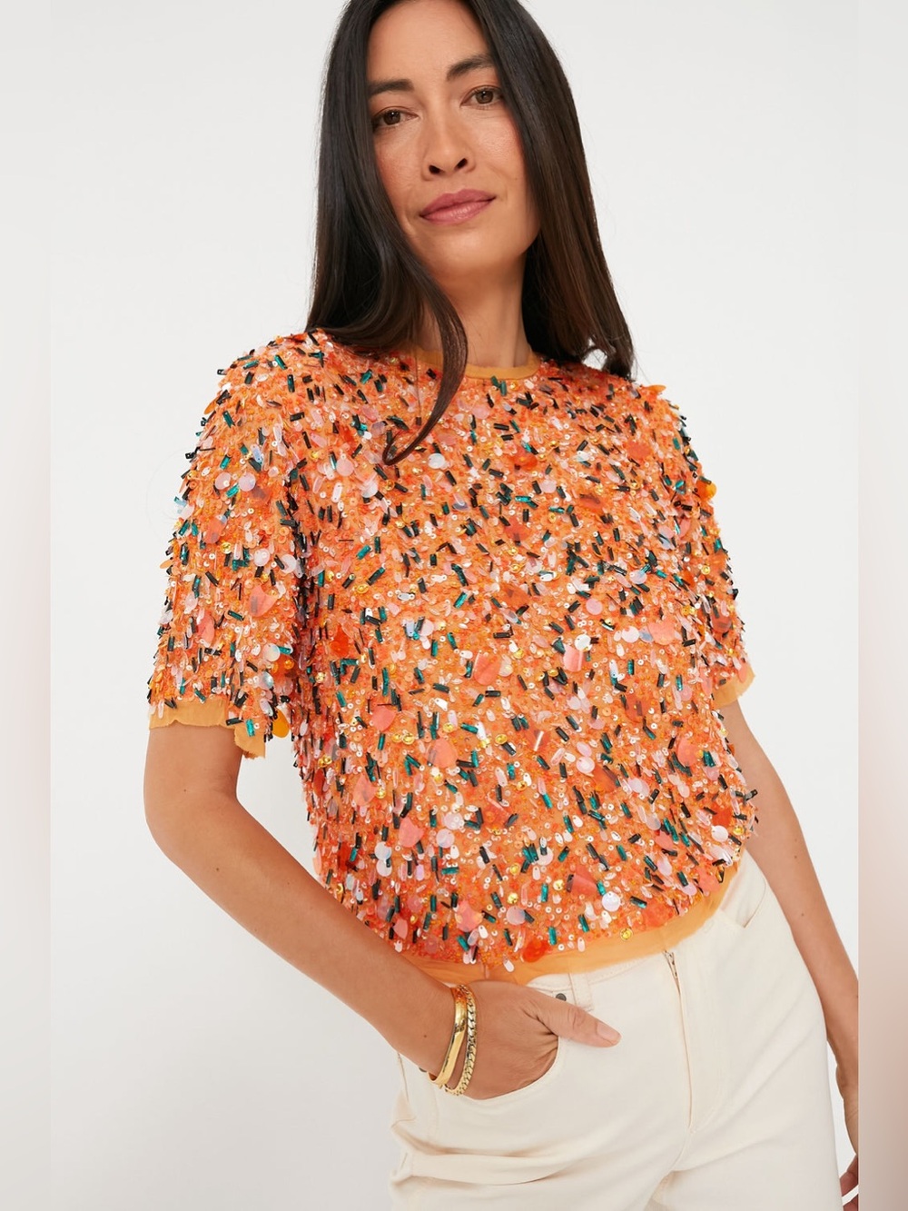 HUNTER BELL Women’s Shelby Top Orange Sequin & Bead Embellished Size Small